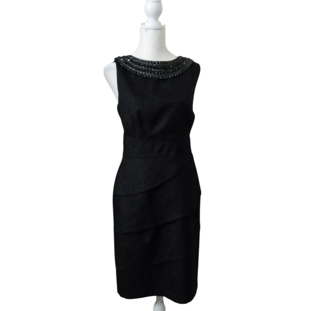 Connected apparel Black Sheath  Beaded Jeweled  Neckline Midi Dress - Picture 2 of 9